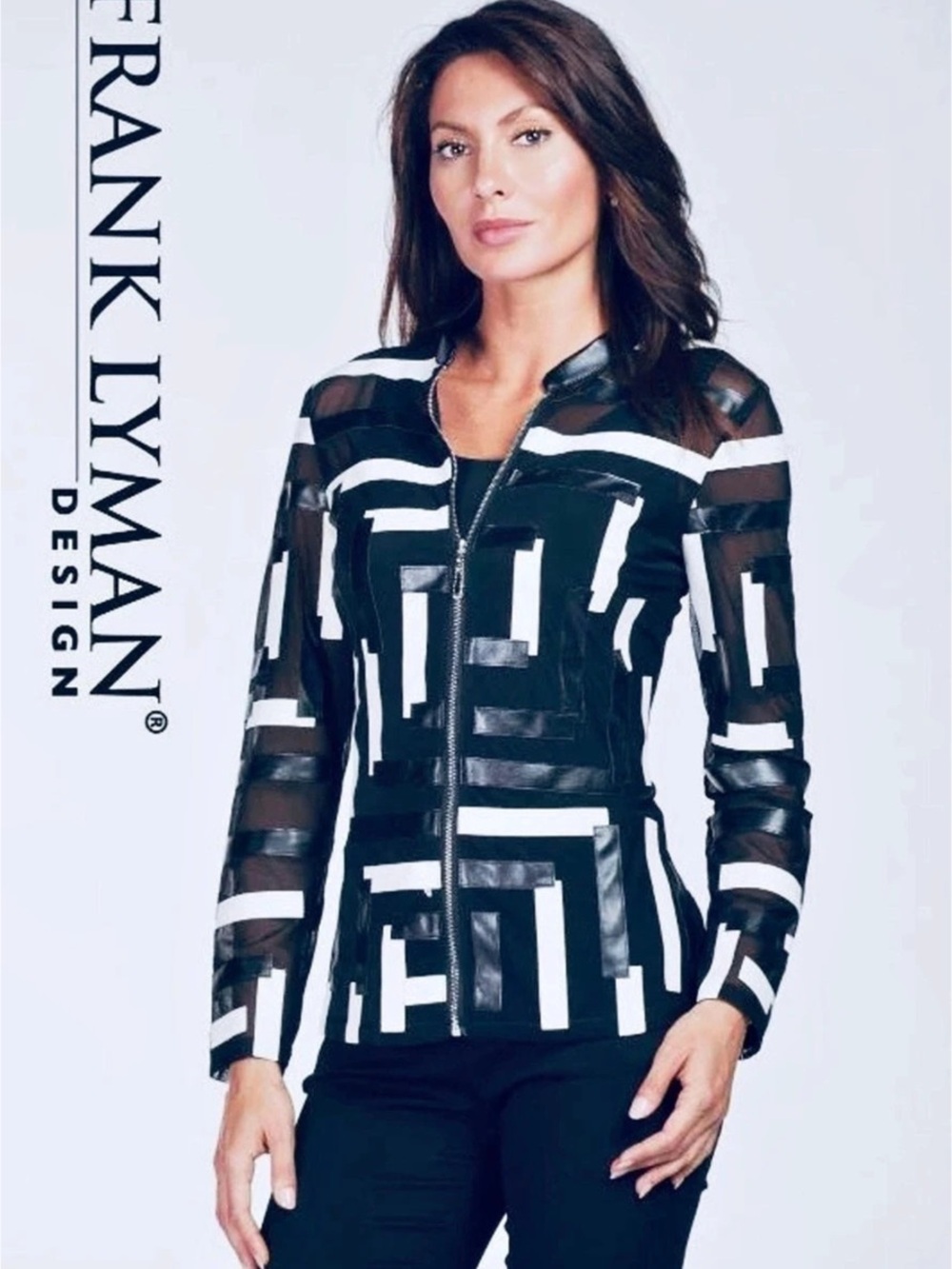 Frank Lyman Black Leatherette Striped Jacket with Mesh Sleeves Small